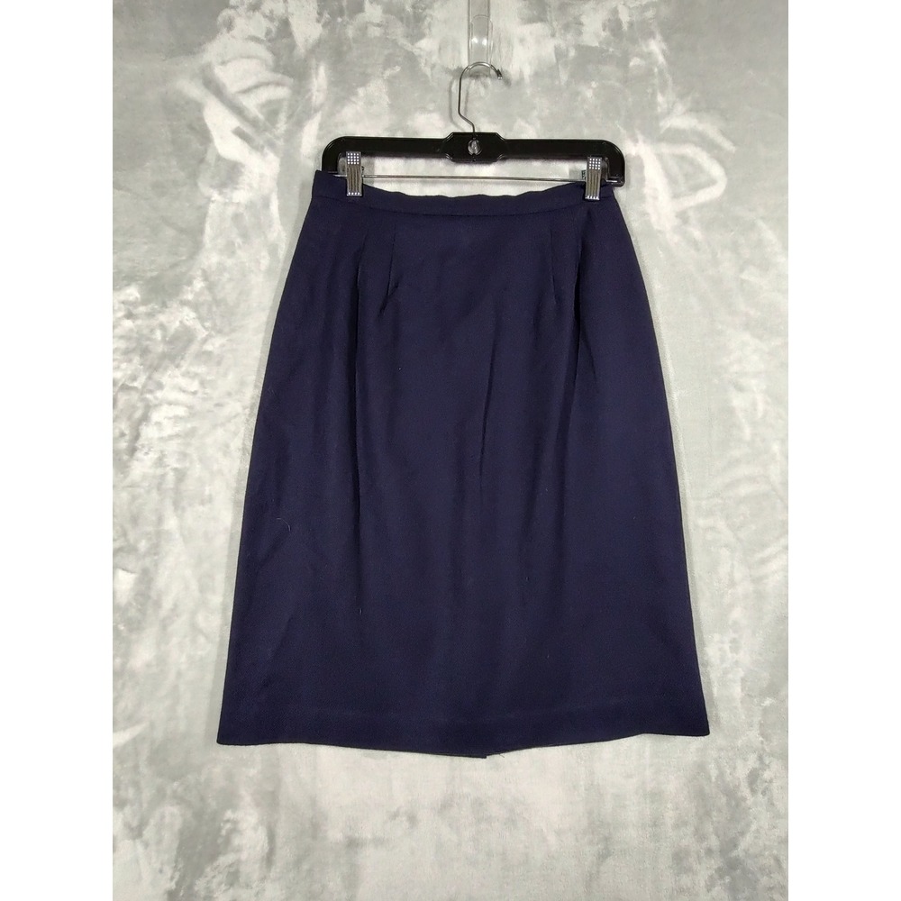 Isaac Hazan Vintage Navy Blue Wool Pencil Skirt High Waist Pleated USA 10